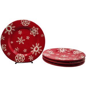 Home Brand - Set of 4 White Snowflakes on Red 9 in Salad Plates EUC